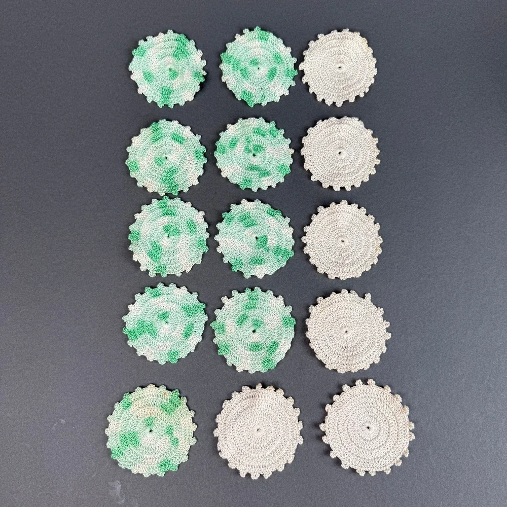 Vintage Handmade Crochet Coasters Set 14 Green Cream Round